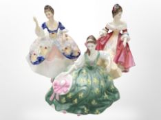 Three Royal Doulton figurines, 'Elyse' HN 2474, 'Southern Belle' HN 2229, and 'Christine' HN 2792.