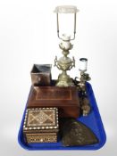 A walnut table box, plus another parquetry-inlaid example, together with two brass lamp bases,