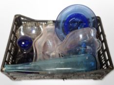 A group of studio glass bowls, tazza, blue glass decanter,