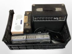 A group of electricals including Squier 15 amplifier, vintage and modern radios, etc.