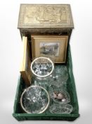A brass-embossed coal bin, quantity of crystal drinking glasses, silver-rimmed fruit bowls,