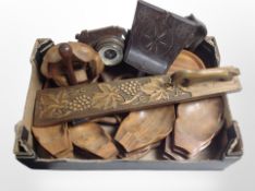 A group of Scandinavian treen items including carved mangle board, dishes, barometer,