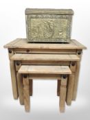 A contemporary pine nest of tables, width 66cm, together with an embossed brass coal bin.