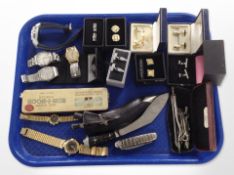 A group of gent's wristwatches including Seiko, together with a small kukri knife,
