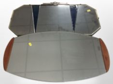 An Art Deco chrome-framed mirror, width 68cm, and a further 1970s teak-framed mirror.