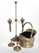 A Victorian brass coal bucket, a pair of hexagonal squat candlesticks,