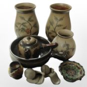 A pair of Scandinavian floral earthenware vases, further similar vase, and other ceramics.