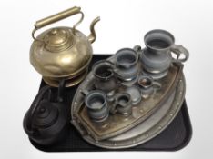 A group of metal wares including a Craftsmen Arts and Crafts pewter oval serving tray,