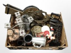 A group of metal wares including silver-plated five-sconce candelabrum, brass-mounted bellows,