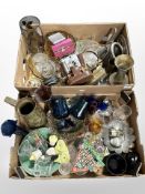 A collection of glass and metal wares, carnival glass vase and bowl, brass jug and vase,