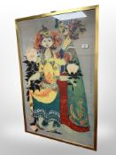 Continental colour print depicting figures in colourful dress, 68cm x 103cm.