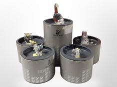 Five boxed Swarovski crystal figures including goose, chicken, owl, etc.