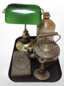 A brass Banker-style desk lamp with a stoneware flagon bearing Fentiman's advertising,