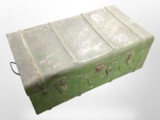 A vintage painted tin trunk, width 74cm.