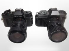 Two Pentax P30 cameras, one with Pentax-A zoom lens 28-80mm,