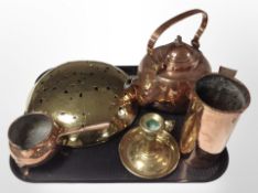 Three 19th-century copper kettles, a further tankard, a brass ejector candlestick, etc.