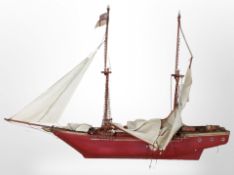 A scale model of a three-masted sailing ship, length 123cm.
