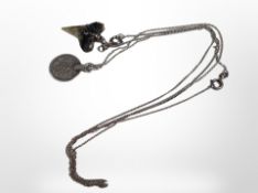 A shark tooth pendant on silver chain, and a silver-mounted Arabic coin on silver chain.