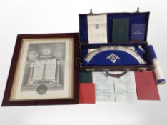 A Masonic leather briefcase containing decorations and ephemera, a related print.
