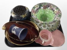 A Royal Doulton Cyprus lustre plate, together with a Maling lustre pedestal bowl,