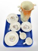 Six pieces of Wedgwood Beatrix Potter ceramics, and a Crown Devon drip-glazed vase.