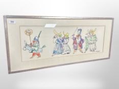 A continental cartoon sketch, pen and ink with crayon, indistinctly signed, 69cm x 24cm.