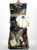 A wicker picnic hamper and contents, together with a group of lamp bases, figurines,