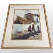 Margarita (20th century) : Figures in a street beside a thatched building, watercolour,