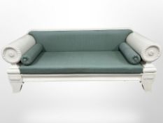 A late-19th century painted salon settee, 210cm wide x 66cm deep x 79cm high.