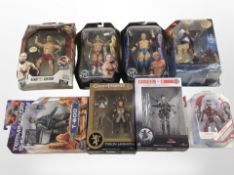 Eight various Playmates and other figurines including Terminator, Evolve, Game of Thrones, UFC, etc.