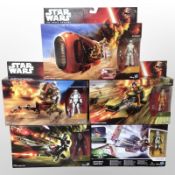 Five Hasbro Disney Star Wars models including Rey's Speeder (Jakku), Assault Walker, etc., boxed.
