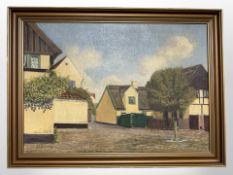 Two continental oil paintings on canvas depicting a water pump in a village square and a thatched