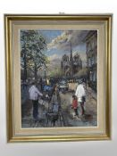 Continental school : Figures in a street, oil on canvas, 39cm x 49cm.