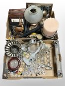 A quantity of contemporary decorations, crystal pieces, pair of metal candle stands, pictures,