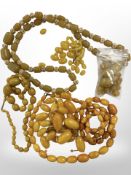 Seven strands of yellow and butterscotch amber/bakelite beads