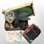 A bagatelle board, together with a painted pine cracket, brass oil lamp, tartan woollen throws, etc.