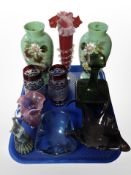 A group of antique and later glass ware comprising a pair of late Victorian opaque glass