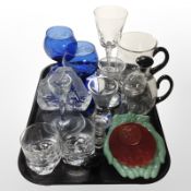 A group of Scandinavian glass wares, pair of etched blue glass goblets, large twist-stem goblet,