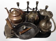 A group of metal wares including 19th-century copper kettle, pair of silver-plated candelabrum,