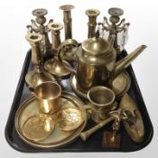 Three pairs of 19th-century brass candlesticks, one pair with cut crystal drop lustres,