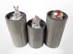 Three boxed Swarovski crystal figures including kangaroo, elephant and tortoise.