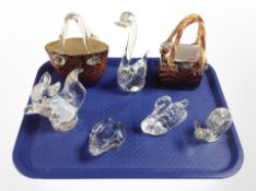 Two Murano glass baskets and five further animal ornaments.
