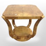 An Art Deco style high gloss figured walnut square lamp table,