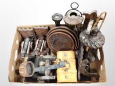 A collection of treen including pair of bookends in the form of cannons,