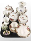 A group of Royal Albert Old Country Roses lidded vases, bowl and planter, teacup and saucers,
