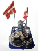 A group of pewter wares, continental pottery beer stein, pair of Danish desk flag poles, pipe, etc.