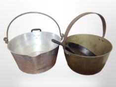 An aluminium jam pan, a brass jam pan, and a cast-iron skillet.