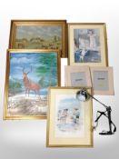 A contemporary chrome angle-poise lamp, together with several pictures and prints,