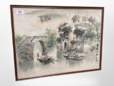 Chinese school : Figure on a boat leading towards a bridge, watercolour, 53cm x 39cm.