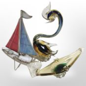 A Murano glass yacht, height 28cm, together with two further ornaments.